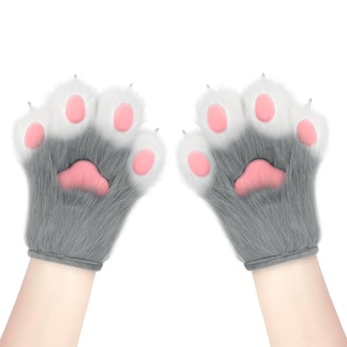 hbbhml Faux Fur Plush Furry Cat Claw Gloves Fursuit Animal Fox Paws Mittens Halloween Cosplay Costume Accessories for Adult