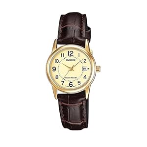 Casio Dameshorloge, goudkleurig, traditionele wijzerplaat, met bruine leren band, bruin/goud, Riem