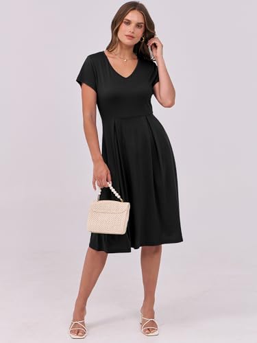 ANRABESS Women Summer Dress Casual Short Sleeve V Neck A-Line Knee Length Pleated Flowy 2025 Fashion Midi Dresses with Pocket4