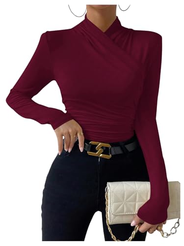 Image of SweatyRocks Women's Ruched Mock Neck Long Sleeve T Shirt Solid Slim Fitted Tee Tops