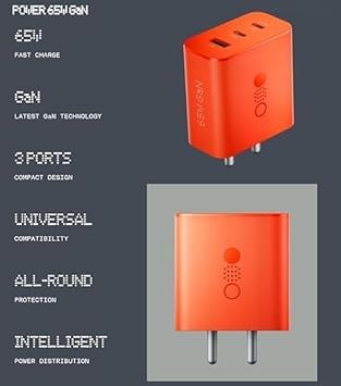 Image of 65W GaN Type C 3 Port Wall Charger Adapter & C to C Cable, USB C1 65 W, USB C2 45W, USB A 18W, Max Capacity 65-Watt USB C for Nothing Phone 2a /2 /1, Sam Sung S24 Mobile Orange (DP61)