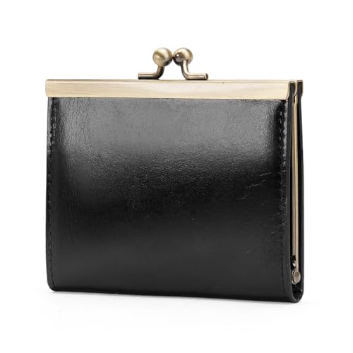 Image of GOIACII Credit Card Holder Vintage Wallet for Women Genuine Leather Ladies Card Cases with Kiss Lock Small Black