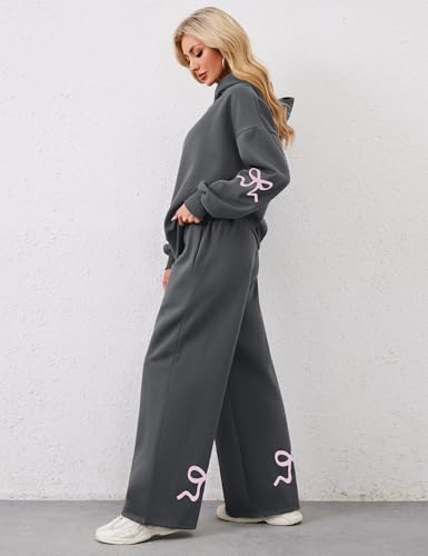 Livtany Women's 2 Piece Outfits Bow Trim Print Hoodie Sweatsuit Sets Oversized Sweatshirt Wide Leg Sweatpants With Pockets4