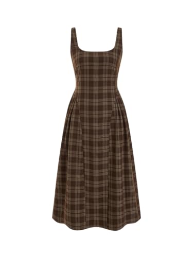 CIDER Plaid midi Dresses for Women Vintage A-Line Square Neck Sleeveless Casual Dress Coffee