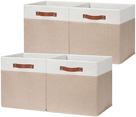 HNZIGE Fabric Baskets for Organizing 13x13 Storage Cubes, Set of 4 Fabric Foldable Canvas Storage Bins for Shelves, Cloth Storage Bins for Cube Organizers Toy Nursery Closet Bedroom?Beige&White?
