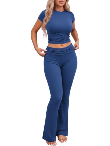 Image of Ekouaer Womens Pajama Set Short Sleeve Crop Top Foldover Flare Pants | Soft Comfy Stretchy, Summer Wear Fall Layer, High Waist Fold Waistband For Loungewear Yoga Daily Casual Wear