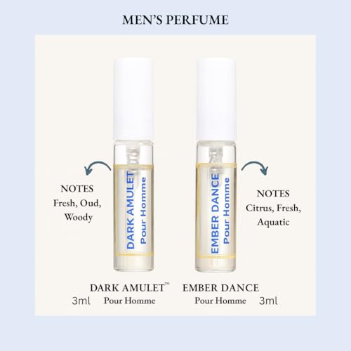 Image of MYSTIC AURA Signature Pack for Men | Ember Dance Pour Homme & Dark Amulet Pour Homme | Fresh Oud Wood & Aromatic Spicy Fragrance | Eau de Parfum | 2X3ML ml Signature Packs | Long Lasting | Travel-Friendly Perfume Set | Vegan & IFRA certified