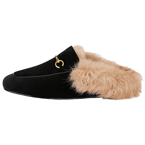Fur Mules For Women Leather Slip-On Rabbit Furny Loafers Comfort Flats Slide Casual Shoes Black Velvet #TOP2