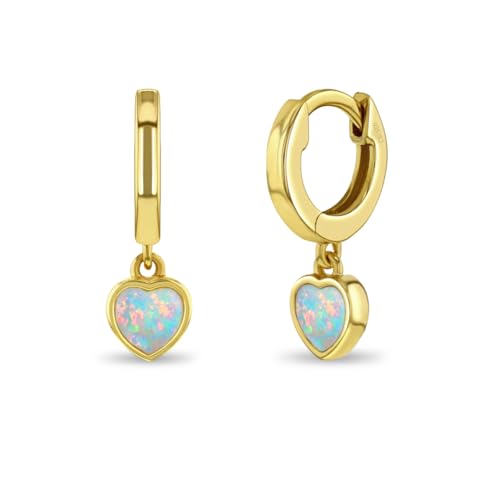 925 Sterling Silver Simulated Opal Heart Dangle Hoop Earrings - Small and Delicate Earrings With Heart Details - Everyday Wear