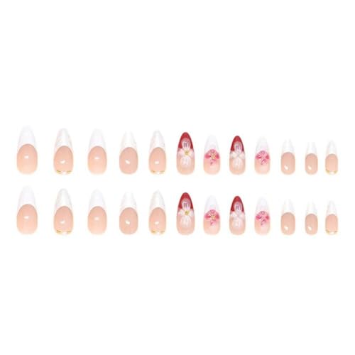 Image of Flower Press on Nails White French Tip Fake Nails Medium Almond False Nails with Pearl Design 5D Floral Glue on Nails Glossy Artificial Acrylic Full Cover Spring Stick on Nail for Women Manicure