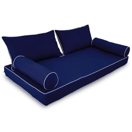 Image of Outdoor Daybed Cushion Cover Twin, Twin Size Outdoor Daybed Mattress Bolster Pillow Fitted Sheet Cover (75 * 39 * 6in, Navy Blue)