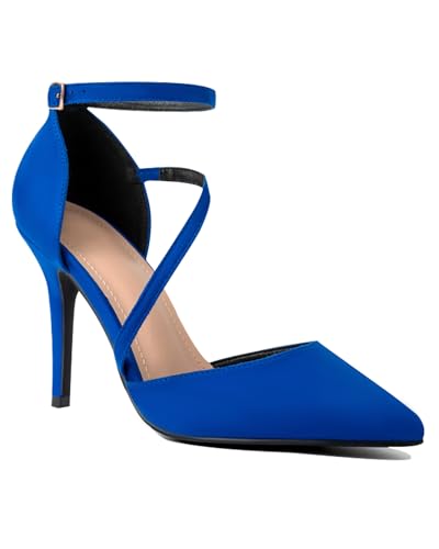Image of Women's Pointed Toe High Heel Pumps, Elegant Asymmetric Cross Strap D'Orsay Stiletto Strappy Heels, Glossy Patent Dress Shoes for Wedding, Party, and Office
