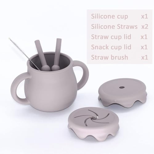 Image of Moonkie 2-in-1 Silicone Baby Cups with Straw and Lid for Snacks, 8.5 oz Spill-Proof Sippy Cups, Training Cup for Toddlers Ages (Argil)