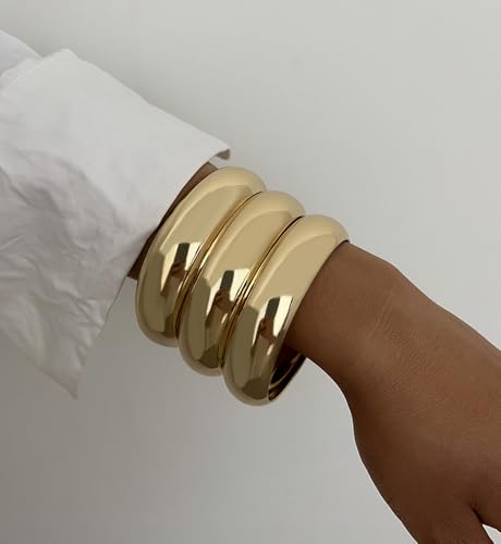 Image of Chunky Gold Bangle Bracelets for Women, Dainty 14k Gold Plated Big Stackable Bangles Set, Trendy Statement Cuff Bracelet Stack Fashion Jewelry Gifts