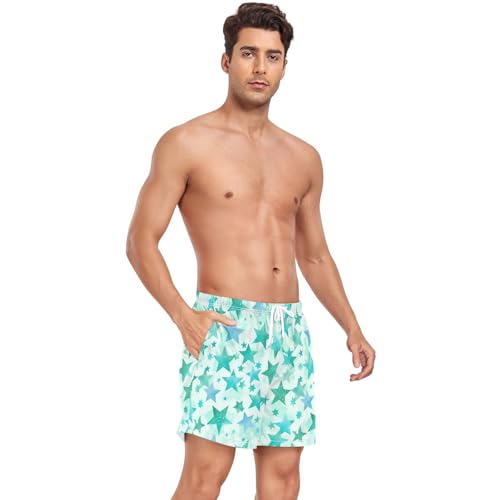 Mint Green and Blue Stars Men's Swimming Trunks Men's 2 Layer Workout Shorts with Phone Pocket Quick Dry S4
