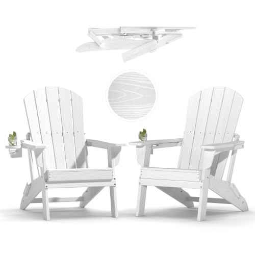 Plawdlik HDPE Folding Adirondack Chair Set of 2 with Cup Holder, White