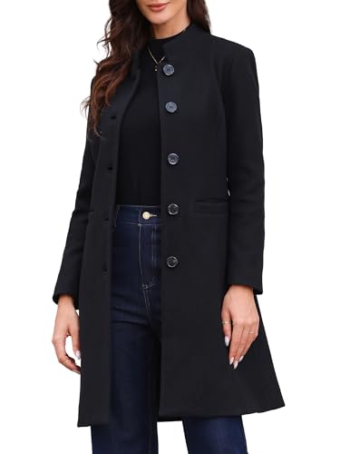 Image of Allegra K Winter Coat for Women Stand Collar Single Breasted Pea Coat Mid-Long Outwear with Pocket X-Small Black