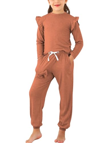 Jimonda Kids Girls Ruffled Long Sleeve Tops and Pants with Pockets Clothing Set 2 Piece Outfits Tracksuit Outdoor Sweatsuit Sets(Brown,8-9Years)
