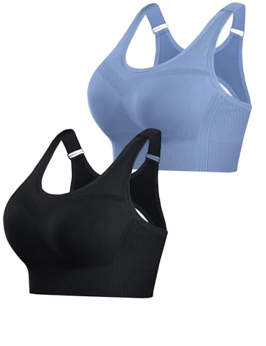 Litherday Sujetador Deportivo Mujer Alto Impacto Push Up Top Deportivo Sin Costuras con Espalda Ajustable Bra Deportivo de Alta Sujeción para Fitness Yoga Negro + Gris Oscuro Azul M