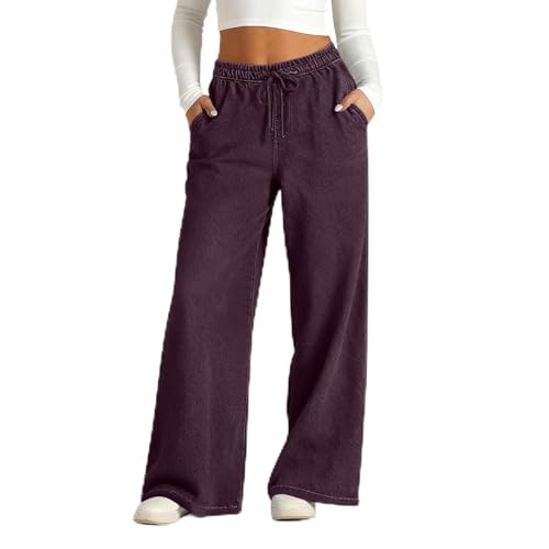 Women's Fashion,Jean Large Femme Taille Haute Elastique Pull on Pantalon en Denim avec Poches Stretch Baggy Jeans Boyfriend Jambe Droite Décontractés Mode...
