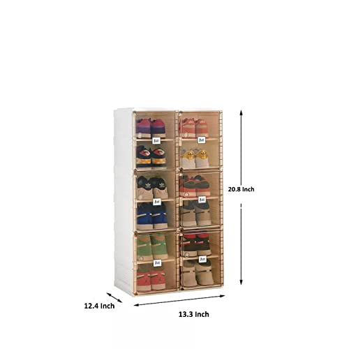 Foldable Shoe Rack Cabinet Organizer With Pocket And Storage, Portable Shoe Rack For Entry Way, Shoe Boxes, Fast Easy Assemble Shoe Cabinet, One Piece Sturdy Plastic Shelf, Clear Brown Doors, 6 Tiers #TOP2