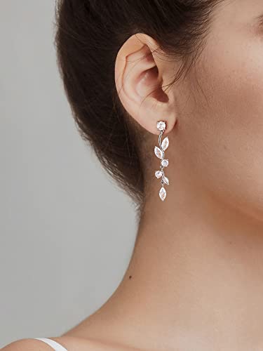 SWEETV Vine Wedding Earrings for Brides, Bridesmaids Earrings Gifts, Leaf Bridal Drop Earrings, Silver Cubic Zirconia Dangling Earrings for Prom Formal Party2