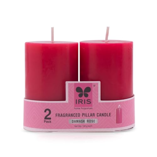 Image of IRIS Home fragrances Pack of 2, Fragranced Pillar Candles- 120G Each- 2 inchX 3 inch (Damask Rose)