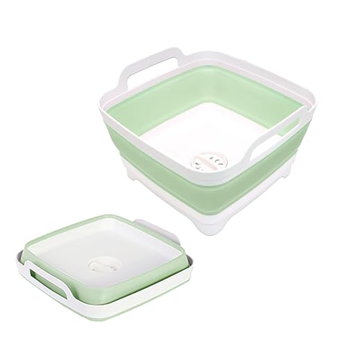 Image of 2.4 Gal(9L) Collapsible Dish Basin with Drain Plug, Space Saving Outdoor Multiuse Foldable Sink Tub, Dishpan, Kitchen Storage Tray for Camping, Vegetable Washing, RV (Green)