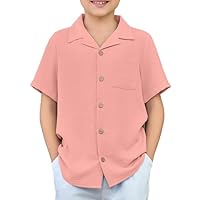 Arshiner Boy Button-Down Shirts Cuban Collar Summer Kids Short Sleeve Basic Solid School Shirts Casual Fashion Uniforms Shirts for Boys 11-12 Years Pink