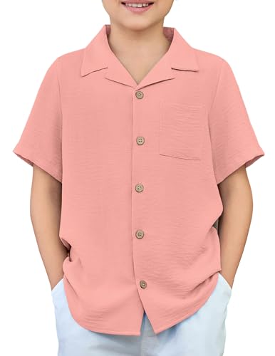 Arshiner Jungen Hemd Kurzarm Sommer Basic Shirt Regular Einfarbig Casual Oberteile Freizeit Party Kubanischem Kragen Hemden für Kinder 12-13 Jahre Pink