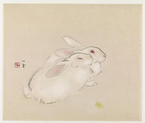 Tableaux peinture sur toile deux lapins Takeuchi Seiho decoration chambre coucher 60x90cm