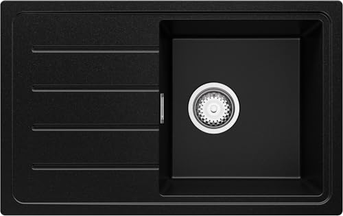 PRIMAGRAN Lavello da Cucina Nero 70x44cm, Lavandino in Granito a 1 vasca + Sifone Classico, Lavabo Incasso al mobile 45cm - Copenhagen Easy S019