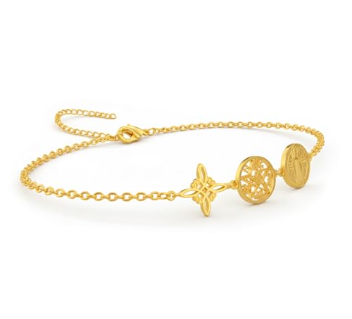 Pulsera Triple Protección con Nudo de bruja, Tetragramaton y Medalla de San Benito, Acero Inoxidable 316L, 17cm Ajustable, Cadena 1mm, Amuleto Esotérico, Dorado y Plateado (Triple Protección Dorada)