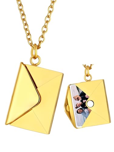 Custom Necklaces for Women Gold Locket Necklace Envelop Picture Necklace Customized Photo Pendant Stainless Steel Love Letter Memorial Jewelry Gift for Gf