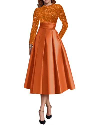 Long Sleeve Mother of The Bride Dresses for Women Sparkly Sequin A Line Prom Gowns Satin Tea Length Wedding Party Dress