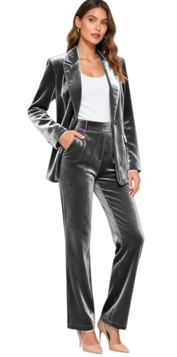 TOPGH Women's Velvet Pant Suits 2 Piece Set Fashion Business Casual Office Wedding Blazer Suit Gray 6