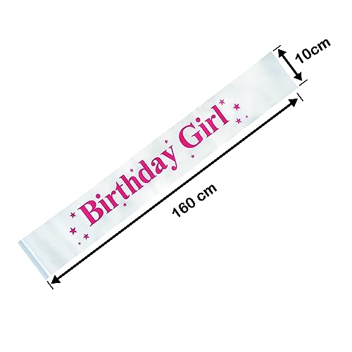 Image of DECOFY Birthday Sash & Crown Set - 3 Pc Combo with Tiara Crown Hairband, Sash & Pin (White), for Girls & Women of All Ages, Birthday Party Accessories, Stylish, Comfortable & Reusable Celebration Wear