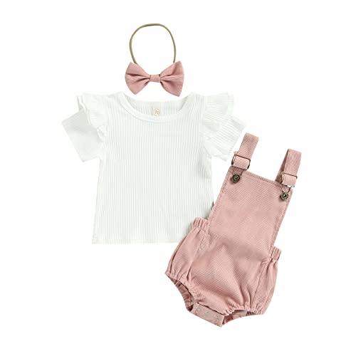 Image of Baby Girl Summer Clothes Knit Short Sleeve Solid Shirt Pullover Top Corduroy Suspender Romper Shorts Newborn Outfit