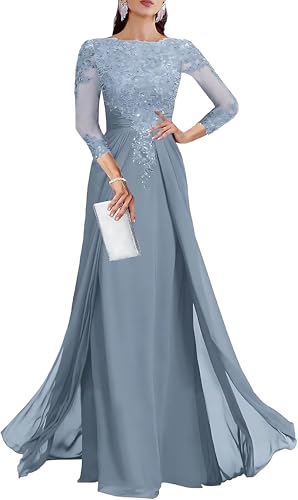 Lace Applique Mother of The Bride Dresses for Wedding 3/4 Sleeve Chiffon Mother of The Groom Formal Evening Gown