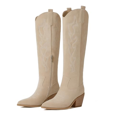 Image of Reitoye Cowboy Boots Women Knee High Cowgirl Embroidered Chunky Heel Boots | Block Chunky Heel,Pointed Toe,Half Side Zipper & Pull Tab,Embroidered Tall Boots,Fall Summer Spring Winter Dress Long Boots