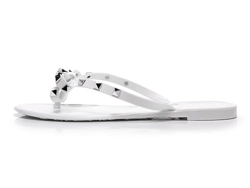 Image of Studded Jelly Shoes for Womens Bow Flip Flops Jellies Sandals Flat Black Summer Beach Thong with Rivets Strappy Slides Slip On
