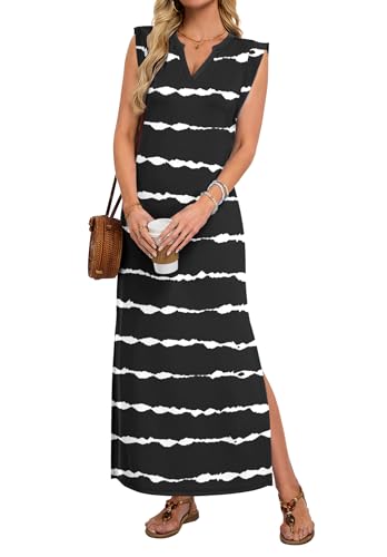 AUSELILY Sundresses for Women Wrinkle Free Casual Travel V Neck Split Sleeveless Loose Long Maxi...