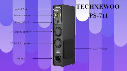 Image of TECHXEWOO PS-711 Mini Home Theatre Subwoofer System, 80W, 5.25 Inch, with 3 Inch Dual Satellites, Extreme Bass, Mic Slot, Aux, USB, FM and Remote Control