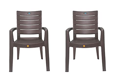 Image of Prima Plastic Chair for Living Room | Set of 2 | Chair for Home, Living Room, Multipurpose | Stackable Chair with arm | 100% Virgin Plastic | Rado (Weather Brown Colour)