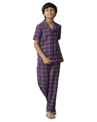 Image of Under Fourteen Only Boys Cotton Night Suit Set for Kids | Stylish Checkered Shirt and Pajama Combo | Comfortable Nightwear and Loungewear for Boys | Half Sleeves | Purple (6 Years-7 Years)