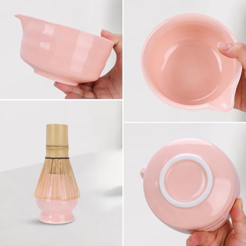 Matcha-Set Rosa mit Matcha Besen Matcha Schale mit Ausgießer Besenhalter aus Keramik und Löffel - 5 Stück Matcha Set Pink für Teeliebhaber