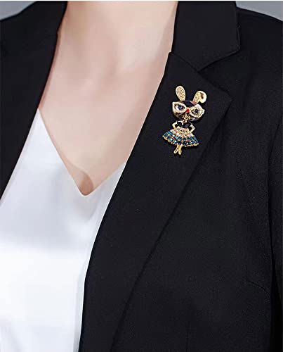 Rhinestone Lady Rabbit Brooch Pin for Women Girls Fashion Gold Plated Crystal Bunny Animal Brooches Lapel Pins Dainty Cute Graduation Honors Easter Jewelry Gift for Daughter Teacher Students (Blue)