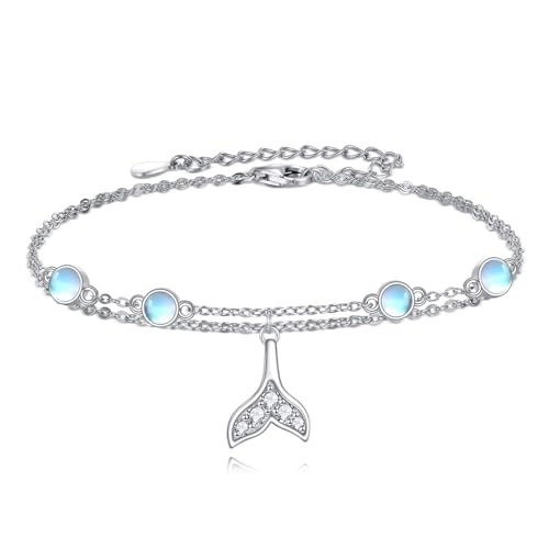 Tobillera de plata 925 mujer joya de playa con piedra lunar y cola de sirena original