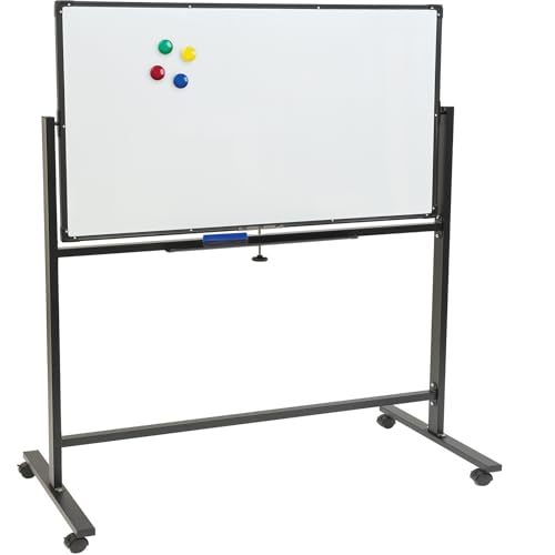 Excello Global Products Large 48"x32" White Board on Wheels: 1 Reversible Magnetic Dry Erase Board with Rolling Stand, 4 Dry Erase Markers, 1 Eraser, 4 Magnets, 1 Marker Tray (Black)