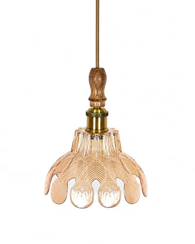 Image of Homesake Botanica Pendant Lamp | Petal Scalloped Glass Hanging Light with Solid Wood Top | Vintage European Ceiling Fixture, Pendant Light for Home Decor, Hallway, Kitchen & Balcony, (Petal, Yellow)
